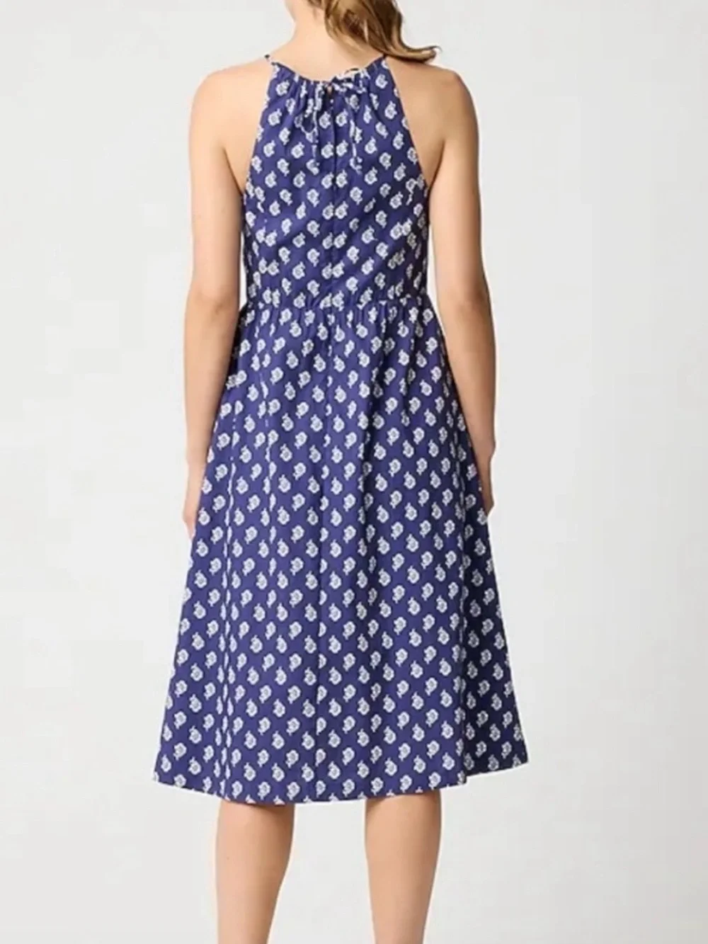 J. Crew Cotton Blue Halter Midi Dress with White Print size 6